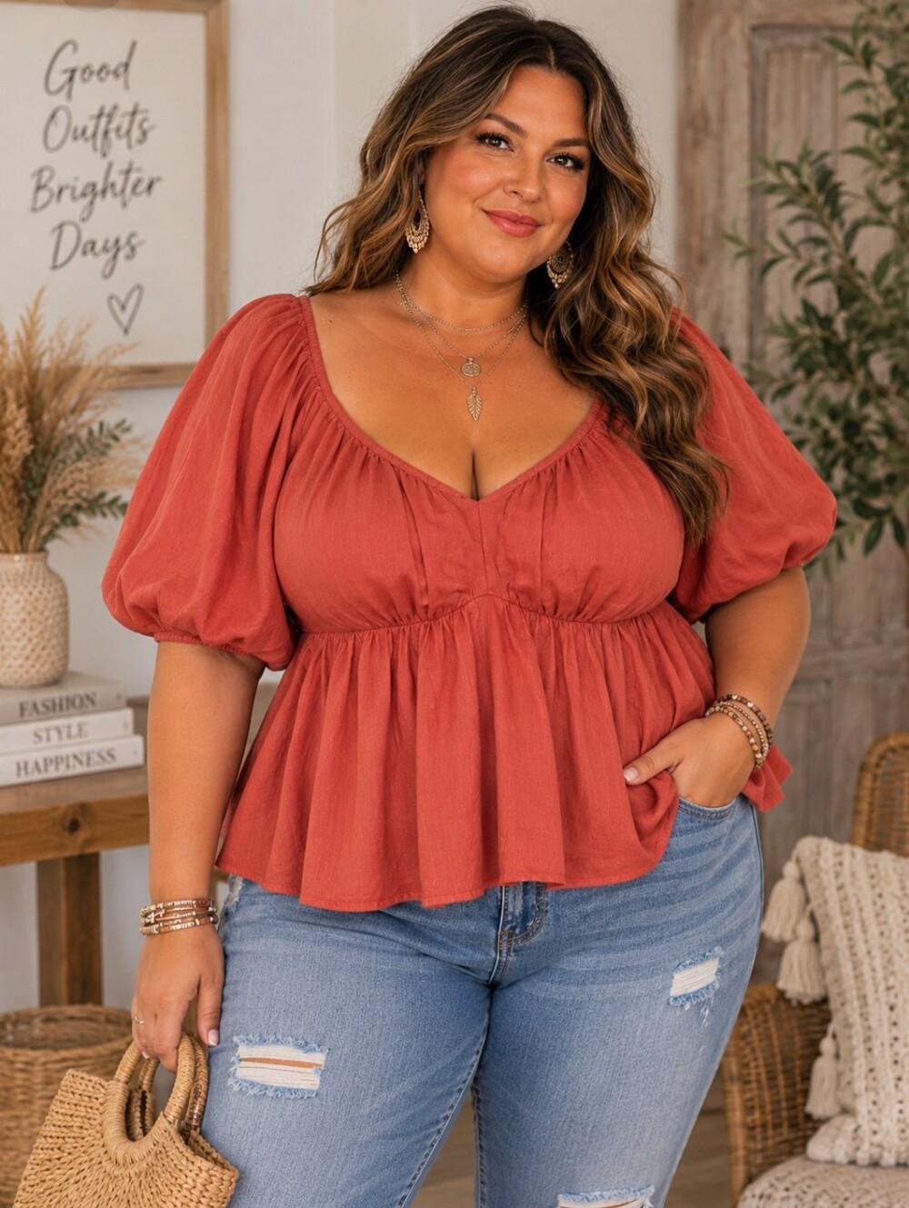 Arula NWT 3X Rust Boho Peasant Peplum Blouse Puff Sleeve Smocked Back